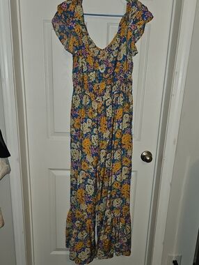 Floral Ruffled Sleeve Maxi Jumpsuit - Blue & Yellow Floral